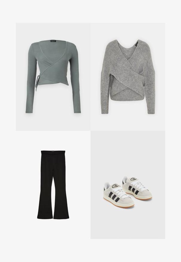 Hallide hallhargus, sügava V-kaelusega, pikkade varrukatega ja ribatrepiga. Valmistatud pehmest kudumismetallist, millel on kihiline, asümmeetriline disain.; Even&Odd Pikkade varrukatega topp - dark green; Mustad mustad sääred, mis on valmistatud venivast kangast. Omab laia vööd ja siledat tekstuuri, sobituv siluett, mis laieneb allservas.; Hallid hallid nahkrennid valgete paeltega, mustade triipudega ja valge kummitaldiga. Omab ümmargust logo keeles ja kummitalda.