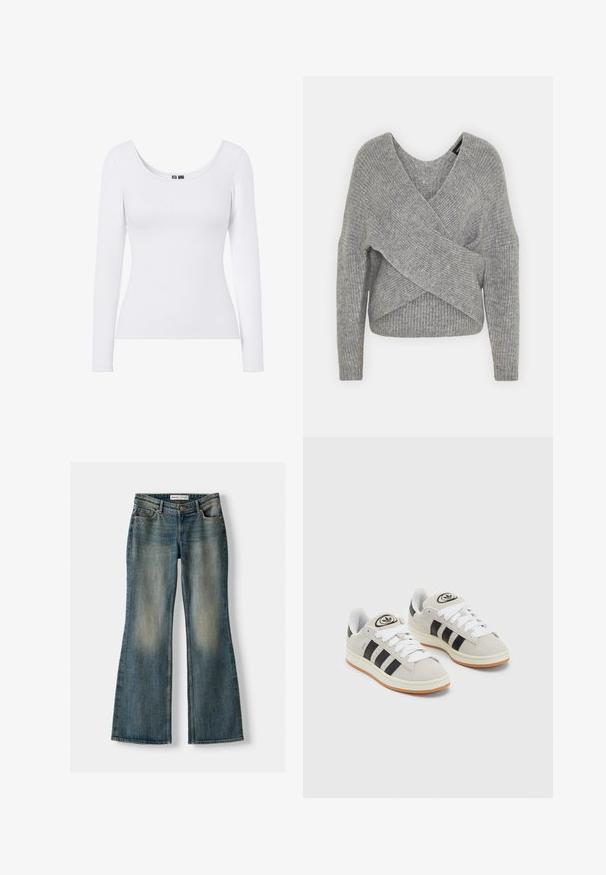 Harmaa neulejakku, jossa on syvä V-kaula-aukko, pitkät hihat ja ribboitu pinta. Valmistettu pehmeästä neuloksesta, jossa on kerroksellinen ja epäsymmetrinen muotoilu.; Valkoinen pitkähihaistoppi, jossa on scoop-kaula-aukko ja ribbitekstuuri, suunniteltu istumaan tiukasti. Ei kuvioita tai yksityiskohtia.; Siniset leveälahkeiset farkut, joissa on haalistunut pesu, viisi taskua ja nappikiinnitys. Materiaalissa on farkkukangas, jossa on hienovaraisia ompeluyksityiskohtia.; Harmaat mokkasiinikenkä, joissa on valkoiset nauhat, mustat raidat ja valkoinen kumipohja. Kantajassa on pyöreä logo ja vaaleanruskea pohja.