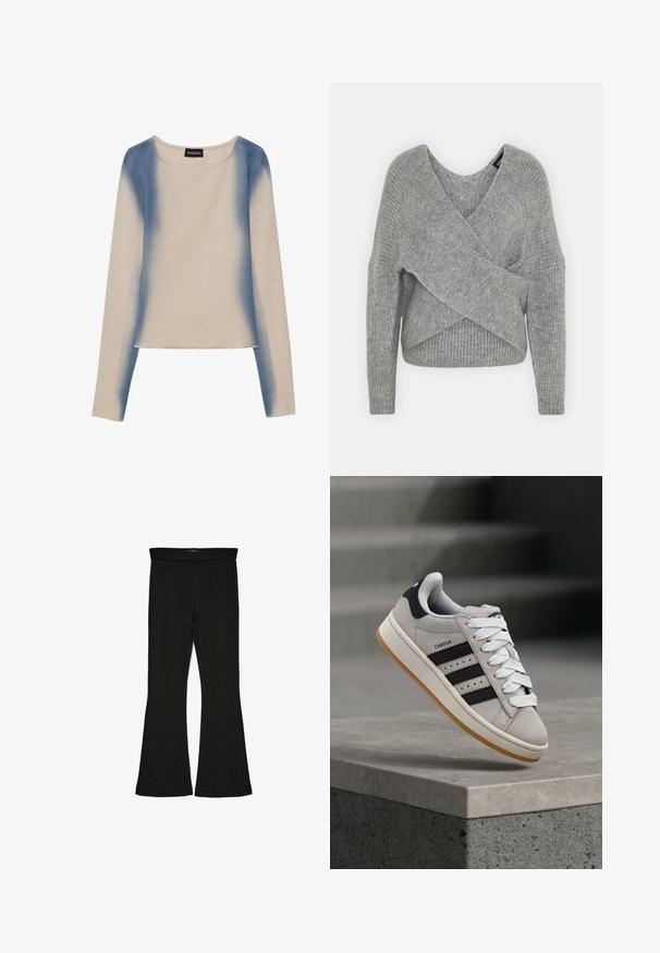 Gray wrap sweater with a deep V-neck, long sleeves, and ribbed texture. Made from a soft knit material with a layered, asymmetrical design.; Long-sleeve top in light beige, featuring a gradient blue design. Smooth texture with a round neckline and straight hemline.; Black flare leggings made from stretchy fabric. Features a wide waistband and a smooth texture, with a fitted silhouette that flares at the hem.; Gray Adidas Campus sneaker with black stripes and white laces floating above a concrete ledge with stairs in the background.