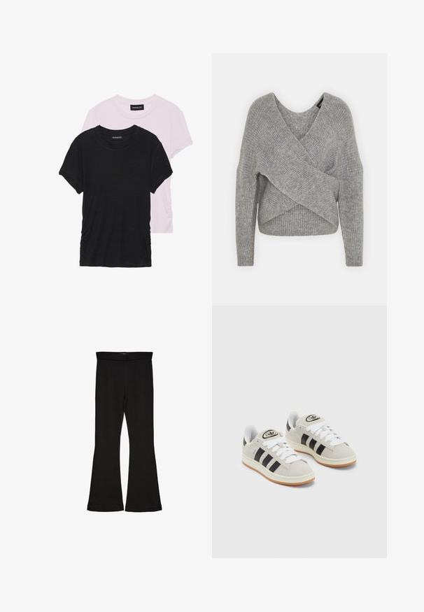 Grå omslagströja med djup V-ringning, långa ärmar och ribbad struktur. Tillverkad av ett mjukt stickat material med en lager-på-lager, asymmetrisk design.; Två T-shirts: en svart och en ljusrosa. Båda har rund halsringning och korta ärmar, tillverkade av ett mjukt och lätt material.; Svarta flare leggings tillverkade av elastisk tyg. Har en bred midja och en slät yta, med en åtsittande silhuett som flares vid fållen.; Grå mocka sneakers med vita snören, svarta ränder och en vit gummisula. Har en rund logo på tungan och en gummisula.