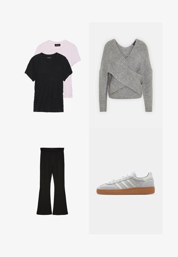 Szürke, mély V kivágású, hosszú ujjú kötött pulóver, bordás textúrával. Puha kötött anyagból készült, réteges, aszimmetrikus dizájnnal.; Két póló: egy fekete és egy világos rózsaszín. Mindkettő kerek nyakkivágással és rövid ujjakkal rendelkezik, puha, könnyű anyagból készült.; Fekete trapéz leggings rugalmas anyagból készült. Széles derékpánttal és sima textúrával rendelkezik, illeszkedő sziluettje van, amely a szegélyen kigyullad.; Világosszürke velúr sportcipő fehér bőrcsíkkal, három fehér csíkkal és barna gumitalppal, párnázott bokarésszel a kényelem érdekében.