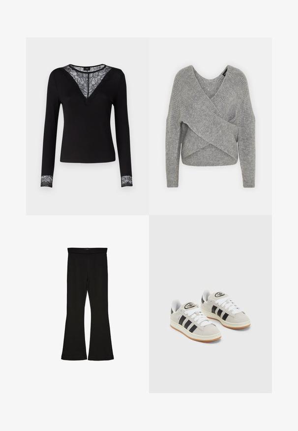 Grau umwickelter Pullover mit tiefem V-Ausschnitt, langen Ärmeln und gerippter Textur. Hergestellt aus einem weichen Strickmaterial mit einem geschichteten, asymmetrischen Design.; Schwarzes Langarmoberteil mit gerippter Textur, bietet Spitzenverzierungen am V-Ausschnitt und Spitzenakzente an den Bündchen. Einfaches und figurbetontes Design.; Schwarze Schlagleggings aus dehnbarem Stoff. Sie verfügen über einen breiten Bund und eine glatte Textur, mit einer enganliegenden Silhouette, die am Saum ausgestellt ist.; Graue Wildledersneaker mit weißen Schnürsenkeln, schwarzen Streifen und einer weißen Gummisohle. Merkmale sind ein kreisförmiges Logo auf der Zunge und eine Gummisohle.
