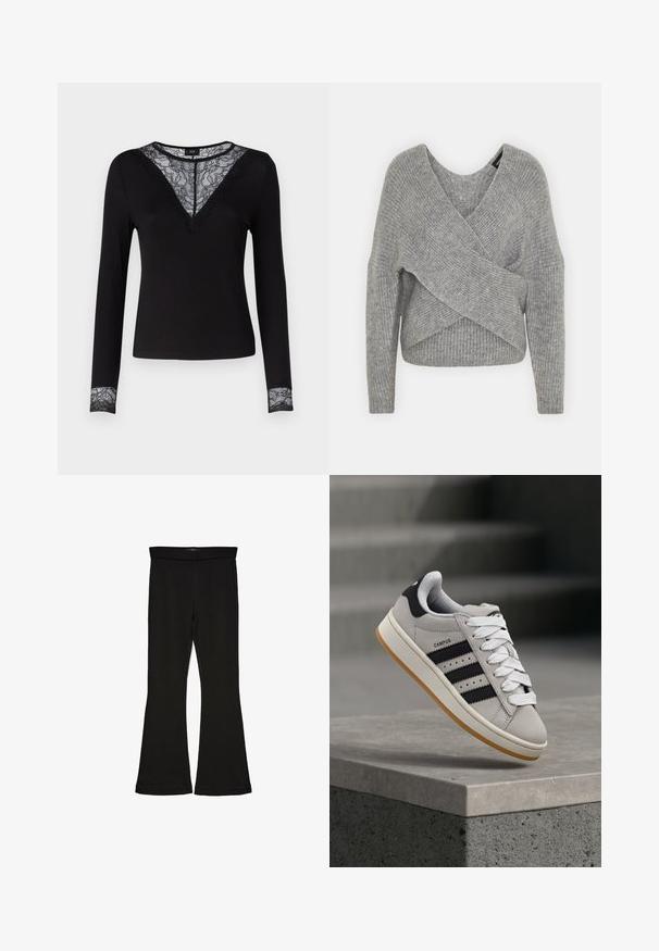 Šedý svetr s volnějším V-výstřihem, dlouhými rukávy a žebrovanou strukturou. Vyrobeno z měkké pleteniny s vrstveným, asymetrickým designem.; Černý dlouhý rukáv top s žebrovanou texturou, má krajkové detaily na výstřihu do V a krajkové akcenty na manžetách. Jednoduchý a přiléhavý design.; Černé legíny s rozšířením vyrobené z elastického materiálu. Mají široký pás a hladkou strukturu, s přiléhavým střihem, který se na lemu rozšiřuje.; Šedý teniska Adidas Campus s černými pruhy a bílými tkaničkami plovoucí nad betonovým okrajem se schody v pozadí.