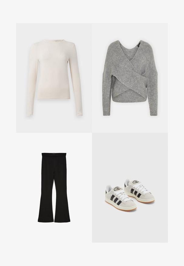 Grau umwickelter Pullover mit tiefem V-Ausschnitt, langen Ärmeln und gerippter Textur. Hergestellt aus einem weichen Strickmaterial mit einem geschichteten, asymmetrischen Design.; Beige langärmliges Rundhals-Shirt mit figurbetonter Silhouette, flach auf einem hellen Hintergrund präsentiert.; Schwarze Schlagleggings aus dehnbarem Stoff. Sie verfügen über einen breiten Bund und eine glatte Textur, mit einer enganliegenden Silhouette, die am Saum ausgestellt ist.; Graue Wildledersneaker mit weißen Schnürsenkeln, schwarzen Streifen und einer weißen Gummisohle. Merkmale sind ein kreisförmiges Logo auf der Zunge und eine Gummisohle.