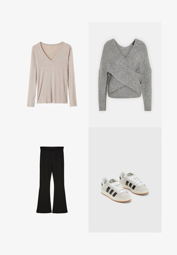 Grau umwickelter Pullover mit tiefem V-Ausschnitt, langen Ärmeln und gerippter Textur. Hergestellt aus einem weichen Strickmaterial mit einem geschichteten, asymmetrischen Design.; Langarm-V-Ausschnitt-Oberteil in Hellbeige. Hergestellt aus weichem, strukturiertem Stoff mit lockerer Passform und minimalen Nähten.; Schwarze Schlagleggings aus dehnbarem Stoff. Sie verfügen über einen breiten Bund und eine glatte Textur, mit einer enganliegenden Silhouette, die am Saum ausgestellt ist.; Graue Wildledersneaker mit weißen Schnürsenkeln, schwarzen Streifen und einer weißen Gummisohle. Merkmale sind ein kreisförmiges Logo auf der Zunge und eine Gummisohle.