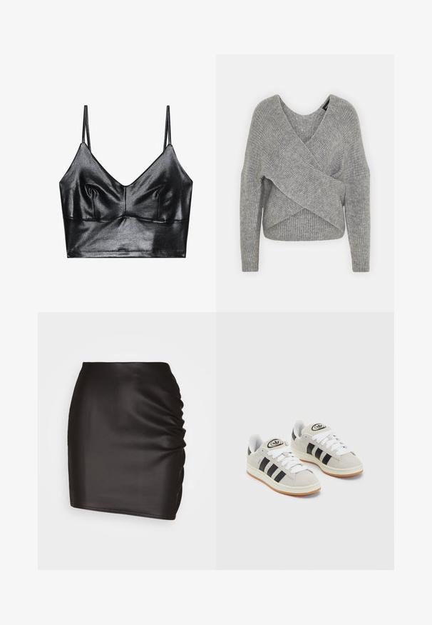 Grijze wikkeltrui met een diepe V-hals, lange mouwen en ribbelstructuur. Gemaakt van een zachte gebreide stof met een gelaagd, asymmetrisch ontwerp.; Zwarte, glanzende bralette met dunne verstelbare bandjes, met een V-halslijn, een gladde textuur en subtiele plooitjes bij de buste voor vorm.; Zwarte minirok van glad synthetisch materiaal, met rimpeldetails aan één kant en een aansluitende pasvorm.; Grijze nubucklederen sneakers met witte veters, zwarte strepen en een witte rubberen zool. Bevat een rond logo op de tong en een gumzool.