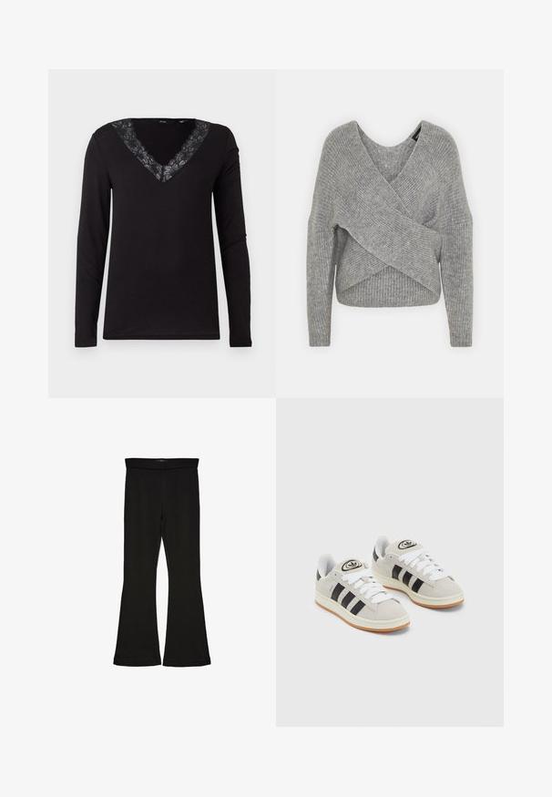 Grå omslagssweater med dyp V-hals, lange ermer og ribbestruktur. Laget av et mykt strikket materiale med et lagdelt, asymmetrisk design.; Svart langermet skjorte med V-hals og blomsterlacemønster. Laget av et glatt, fleksibelt stoff med standard passform.; Sorte flared leggings laget av stretchy stoff. Har en bred midjebånd og en glatt tekstur, med en tettsittende silhuett som blir videre nedover.; Grå semsket sneakers med hvite lisser, svarte striper og en hvit gummisåle. Har en sirkulær logo på tungen og en gummisåle.
