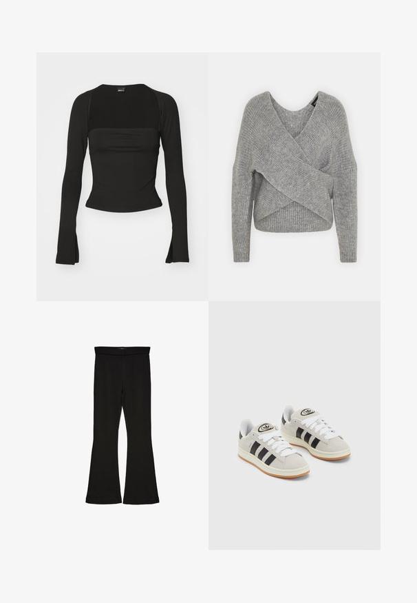 Gray wrap sweater with a deep V-neck, long sleeves, and ribbed texture. Made from a soft knit material with a layered, asymmetrical design.; Gina Tricot SOFT TOUCH SQUARE NECK TOP - Long sleeved top - black; Black flare leggings made from stretchy fabric. Features a wide waistband and a smooth texture, with a fitted silhouette that flares at the hem.; Gray suede sneakers with white laces, black stripes, and a white rubber sole. Features a circular logo on the tongue and a gum sole.