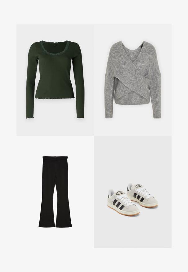 Gray wrap sweater with a deep V-neck, long sleeves, and ribbed texture. Made from a soft knit material with a layered, asymmetrical design.; Long-sleeve, dark green ribbed top with a scalloped neckline and hem. Features lace detailing around the neckline for added texture.; Black flare leggings made from stretchy fabric. Features a wide waistband and a smooth texture, with a fitted silhouette that flares at the hem.; Gray suede sneakers with white laces, black stripes, and a white rubber sole. Features a circular logo on the tongue and a gum sole.