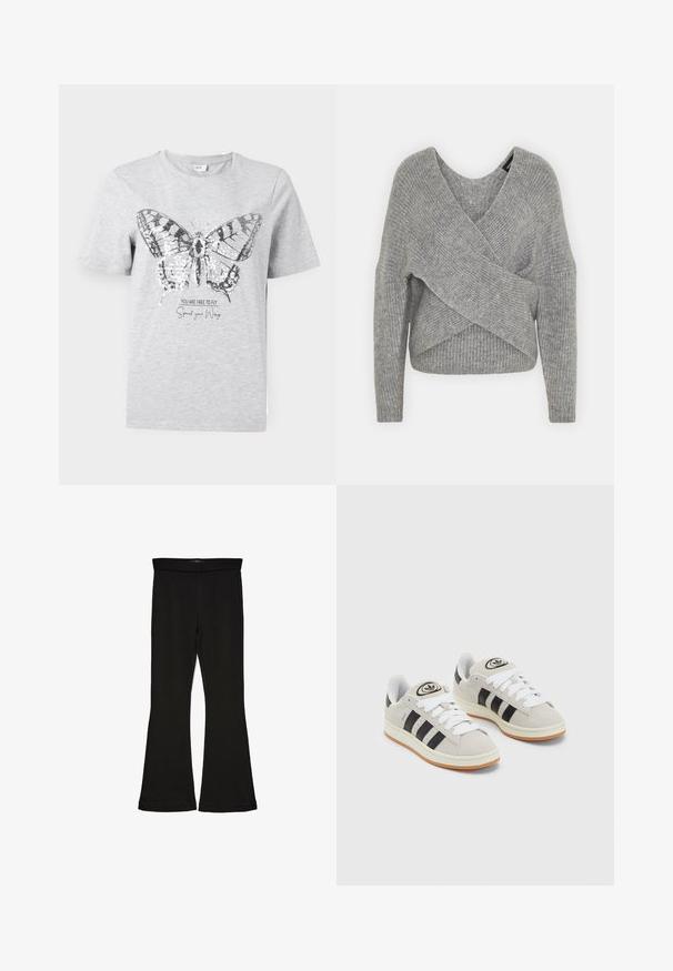 Gray wrap sweater with a deep V-neck, long sleeves, and ribbed texture. Made from a soft knit material with a layered, asymmetrical design.; Grey cotton t-shirt featuring a butterfly graphic with sequin accents. Text below reads "YOU ARE FREE TO FLY Spread your Wings."; Black flare leggings made from stretchy fabric. Features a wide waistband and a smooth texture, with a fitted silhouette that flares at the hem.; Gray suede sneakers with white laces, black stripes, and a white rubber sole. Features a circular logo on the tongue and a gum sole.