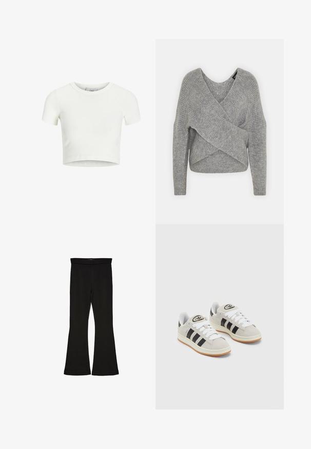 Szürke, mély V kivágású, hosszú ujjú kötött pulóver, bordás textúrával. Puha kötött anyagból készült, réteges, aszimmetrikus dizájnnal.; Fehér, rövidített póló bordázott anyagból. Kerek nyakkivágással és rövid ujjakkal rendelkezik. Simaság jellemzi, és testhezálló fazonú.; Fekete trapéz leggings rugalmas anyagból készült. Széles derékpánttal és sima textúrával rendelkezik, illeszkedő sziluettje van, amely a szegélyen kigyullad.; Szürke velúr sportcipők fehér fűzővel, fekete csíkokkal és fehér gumitalppal. A nyelvén kör alakú logó található, illetve a talpa színes gumi.