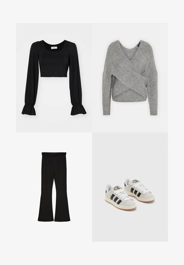 Grau umwickelter Pullover mit tiefem V-Ausschnitt, langen Ärmeln und gerippter Textur. Hergestellt aus einem weichen Strickmaterial mit einem geschichteten, asymmetrischen Design.; Schwarzes, kurzes Oberteil mit quadratischem Ausschnitt, langen Puffärmeln und gerafften Manschetten. Hergestellt aus weichem Stoff mit glatter Textur.; Schwarze Schlagleggings aus dehnbarem Stoff. Sie verfügen über einen breiten Bund und eine glatte Textur, mit einer enganliegenden Silhouette, die am Saum ausgestellt ist.; Graue Wildledersneaker mit weißen Schnürsenkeln, schwarzen Streifen und einer weißen Gummisohle. Merkmale sind ein kreisförmiges Logo auf der Zunge und eine Gummisohle.