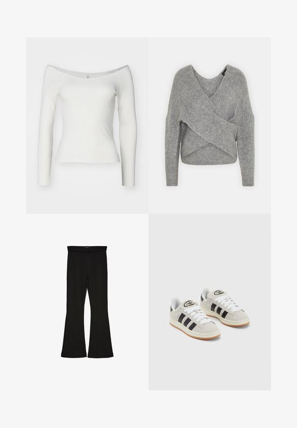 Gray wrap sweater with a deep V-neck, long sleeves, and ribbed texture. Made from a soft knit material with a layered, asymmetrical design.; White off-the-shoulder long-sleeve top made from ribbed material. Fitted design with a smooth texture and straight hemline.; Black flare leggings made from stretchy fabric. Features a wide waistband and a smooth texture, with a fitted silhouette that flares at the hem.; Gray suede sneakers with white laces, black stripes, and a white rubber sole. Features a circular logo on the tongue and a gum sole.