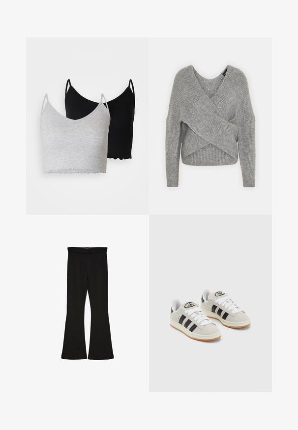 Siva ovitek pulover z globokim V-izrezom, dolgimi rokavi in ribasto teksturo. Narejen iz mehke pletene tkanine z plastnim, asimetričnim dizajnom.; Even&Odd 2 PACK - Top - black/light grey; Črne flare leggings iz raztegljive tkanine. Imajo širok pas in gladko teksturo, s prilegajočo silhueto, ki se na robu razširi.; Sive športne čevlje iz semiša z belimi vezalkami, črnimi črtami in belim gumijastim podplatom. Imajo okroglo oznako na ježku in podplat iz gume.