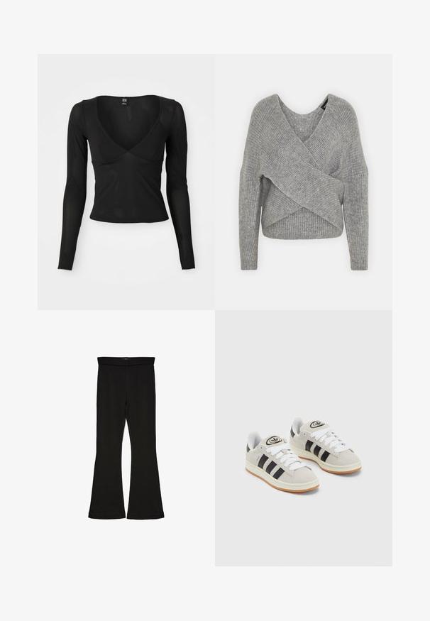 Harmaa neulejakku, jossa on syvä V-kaula-aukko, pitkät hihat ja ribboitu pinta. Valmistettu pehmeästä neuloksesta, jossa on kerroksellinen ja epäsymmetrinen muotoilu.; Musta pitkähihainen paita, jossa on syvä V-pääntie, pehmeä ja joustava kangas sekä aaltoilevat reunat hihoissa ja helmassa.; Mustat leveät legginsit, jotka on valmistettu joustavasta kankaasta. Niissä on leveä vyötärö ja sileä pinta, sekä vartalonmyötäinen leikkaus, joka levenee helmassa.; Harmaat mokkasiinikenkä, joissa on valkoiset nauhat, mustat raidat ja valkoinen kumipohja. Kantajassa on pyöreä logo ja vaaleanruskea pohja.