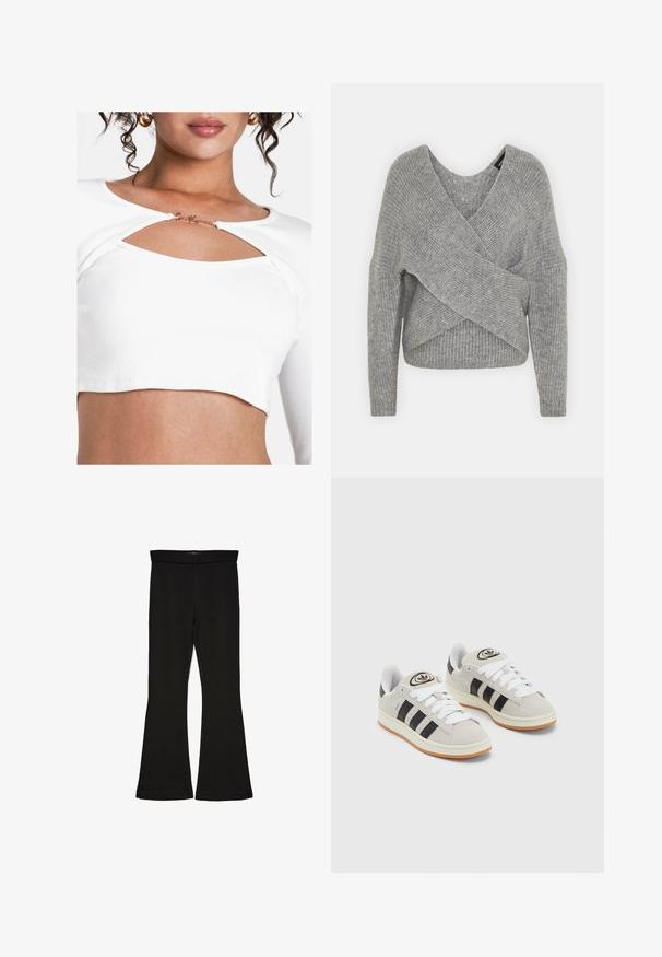 Grå indpakningssweater med dyb V-udskæring, lange ærmer og ribbet tekstur. Fremstillet i et blødt strikkemateriale med et lagdelt, asymmetrisk design.; Hvid ribbet crop top med en udskæringsdesign ved brystet og en gylden detalje. Stoffet har en glat tekstur og en tætsiddende pasform.; Sorte flared leggings lavet af strækbart stof. Har en bred talje og en glat tekstur, med en tætsiddende silhuet der bredder sig ved sømmen.; Grå ruskinds sneakers med hvide snørebånd, sorte striber og en hvid gummisål. Har et rundt logo på tungen og en gummisål.