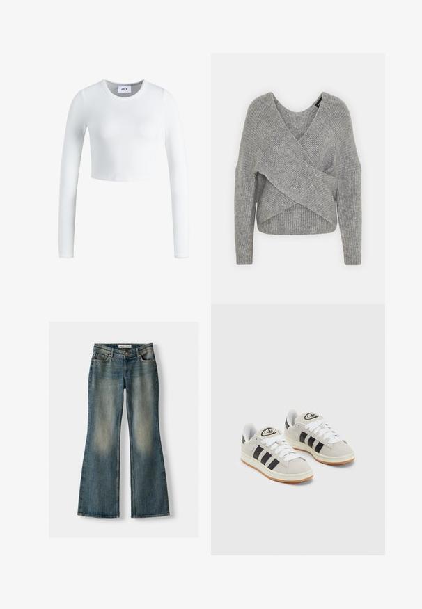 Grå indpakningssweater med dyb V-udskæring, lange ærmer og ribbet tekstur. Fremstillet i et blødt strikkemateriale med et lagdelt, asymmetrisk design.; Hvid langærmet crop top lavet af ribbet stof. Har en rund halsudskæring og en tætsiddende design. Mærket er synligt indeni ved halsen.; Blå flared jeans med en falmet vask, fem lommer og knaplukning. Materialet viser en denimtekstur med subtile syninger.; Grå ruskinds sneakers med hvide snørebånd, sorte striber og en hvid gummisål. Har et rundt logo på tungen og en gummisål.