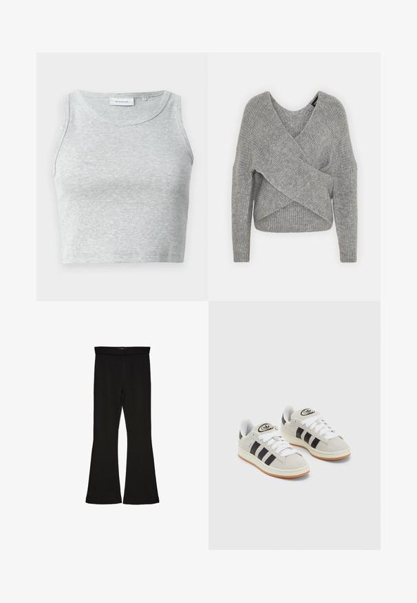 Harmaa neulejakku, jossa on syvä V-kaula-aukko, pitkät hihat ja ribboitu pinta. Valmistettu pehmeästä neuloksesta, jossa on kerroksellinen ja epäsymmetrinen muotoilu.; Harmaa ribattua hihattomaa tanktoppi, jossa on pyöreä pääntie. Pehmeä materiaali ja ihonmyötäinen malli, sopii rentoihin asuihin tai kerroksellisiin vaihtoehtoihin.; Mustat leveät legginsit, jotka on valmistettu joustavasta kankaasta. Niissä on leveä vyötärö ja sileä pinta, sekä vartalonmyötäinen leikkaus, joka levenee helmassa.; Harmaat mokkasiinikenkä, joissa on valkoiset nauhat, mustat raidat ja valkoinen kumipohja. Kantajassa on pyöreä logo ja vaaleanruskea pohja.