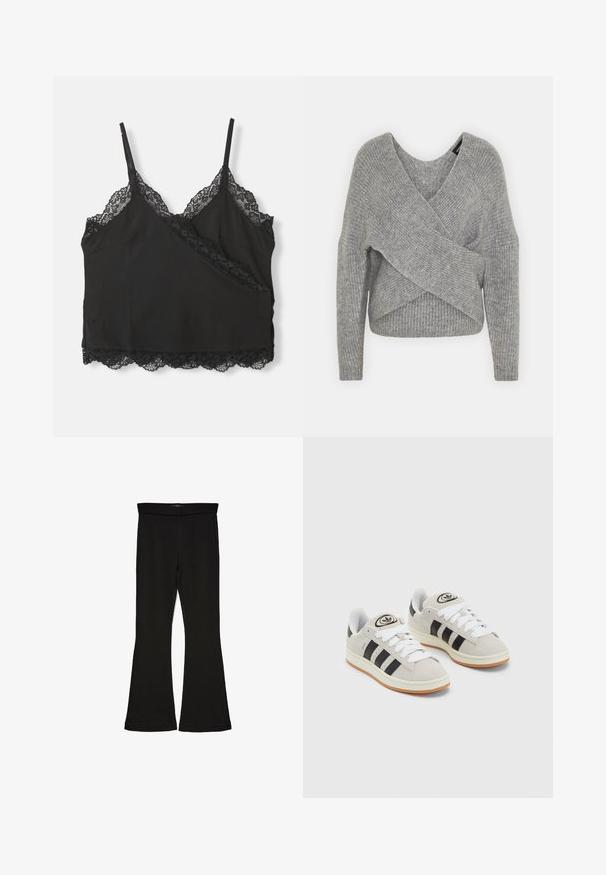 Grau umwickelter Pullover mit tiefem V-Ausschnitt, langen Ärmeln und gerippter Textur. Hergestellt aus einem weichen Strickmaterial mit einem geschichteten, asymmetrischen Design.; Schwarzes Spaghettiträgertop mit verstellbaren Trägern, das eine gewellte Spitzenborte entlang des Ausschnitts und Saums aufweist, aus weichem Stoff gefertigt.; Schwarze Schlagleggings aus dehnbarem Stoff. Sie verfügen über einen breiten Bund und eine glatte Textur, mit einer enganliegenden Silhouette, die am Saum ausgestellt ist.; Graue Wildledersneaker mit weißen Schnürsenkeln, schwarzen Streifen und einer weißen Gummisohle. Merkmale sind ein kreisförmiges Logo auf der Zunge und eine Gummisohle.