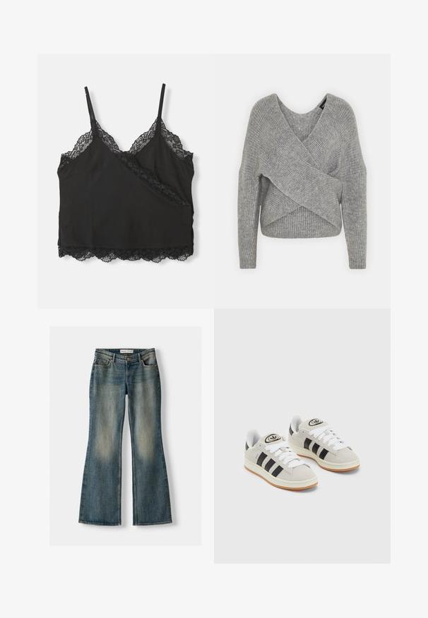 Szürke, mély V kivágású, hosszú ujjú kötött pulóver, bordás textúrával. Puha kötött anyagból készült, réteges, aszimmetrikus dizájnnal.; Fekete pántos felső állítható pántokkal, amelynek dekoltázsán és alján csipkés fodor található, puha anyagból készült.; Kék, bővülő fazonú farmernadrág, elhasználódott mosással, öt zsebbel és gombos záródással. Az anyag denim textúrája finom varrási részletekkel rendelkezik.; Szürke velúr sportcipők fehér fűzővel, fekete csíkokkal és fehér gumitalppal. A nyelvén kör alakú logó található, illetve a talpa színes gumi.