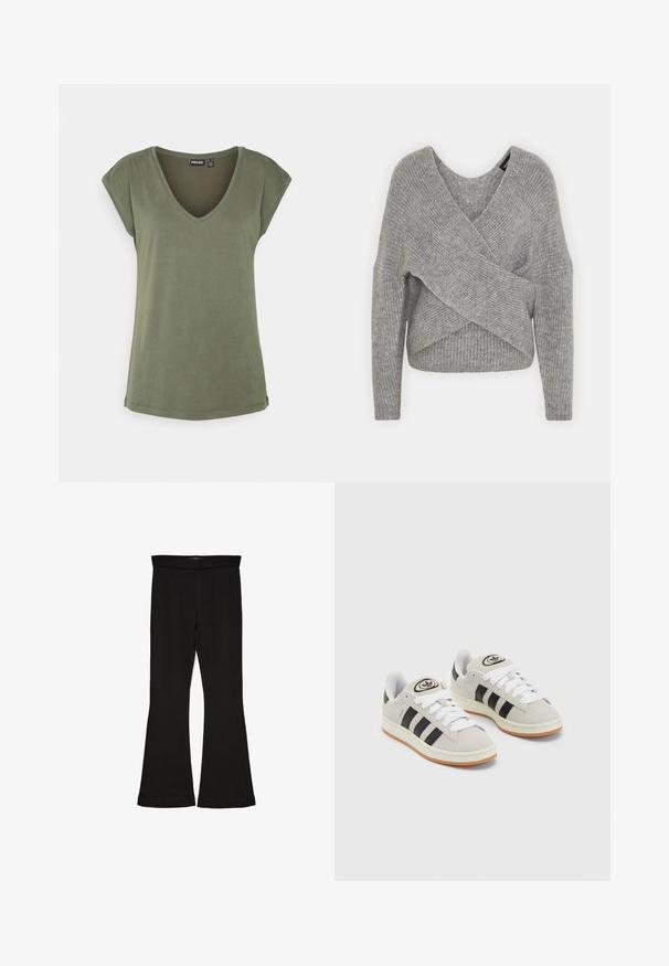 Suéter cinza envolvente com um decote em V profundo, mangas longas e textura canelada. Feito de um material de malha suave com um design assimétrico em camadas.; T-shirt verde-oliva em V, feita de um tecido leve e suave. Mangas curtas com um corte descontraído e uma bainha reta. Sem padrões ou detalhes.; Leggings pretos em flare feitos de um tecido elástico. Apresentam uma cintura larga e uma textura suave, com um silhueta ajustada que se alarga na bainha.; Tênis de camurça cinza com atacadores brancos, riscas pretas e uma sola de borracha branca. Apresenta um logótipo circular na língua e uma sola de borracha.