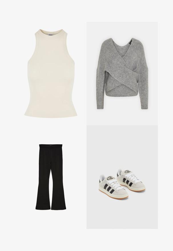 Pull en gris avec un col en V profond, des manches longues et une texture côtelée. Fabriqué en matériau tricoté doux avec un design asymétrique superposé.; Top sans manches à côtes en beige clair avec un col haut et une coupe ajustée, fabriqué à partir d'un matériau doux et extensible pour le confort.; Leggings évasés noirs en tissu extensible. Présentent une taille large et une texture lisse, avec une coupe ajustée qui s'évasent au bas.; Baskets en suède gris avec des lacets blancs, des rayures noires et une semelle en caoutchouc blanc. Présentent un logo circulaire sur la languette et une semelle en gomme.