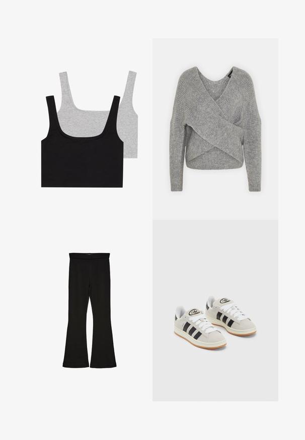 Pilkas aptraukiamas megztinis su giliu V formos iškirpimu, ilgomis rankovėmis ir riešutiniu tekstūru. Pagamintas iš minkštos megztos medžiagos su sluoksniuota, asimetrine konstrukcija.; Du paukščių mišinio marškiniai: vienas juodas ir vienas pilkas, abu su giliu raštu ir plačiomis petnešėlėmis, turintys apvalų iškirpimą ir patogią prigludimą.; Juodos flared tipo legginsai, pagaminti iš tamprios medžiagos. Yra platus juosmuo ir lygus paviršius, su prie kūno priglundančiu siluetu, kuris pločiasi ties apatine dalimi.; Grynos zomšos sneakeriai su baltais raišteliais, juodomis juostelėmis ir balta gumine sole. Turintys apskritą logotipą ant liežuvėlio ir guminę sole.