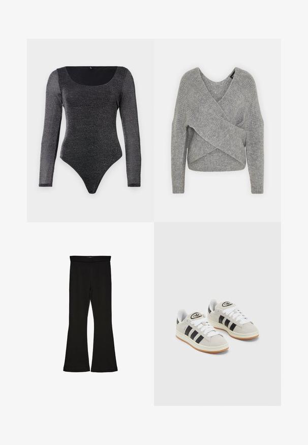 Siva ovitek pulover z globokim V-izrezom, dolgimi rokavi in ribasto teksturo. Narejen iz mehke pletene tkanine z plastnim, asimetričnim dizajnom.; Črn bodi z dolgimi rokavi, izdelan iz sijočega, raztegljivega materiala, z zaobljenim izrezom in visoko izrezanimi odprtinami za noge. Gladka tekstura in prilegajoča zasnova.; Črne flare leggings iz raztegljive tkanine. Imajo širok pas in gladko teksturo, s prilegajočo silhueto, ki se na robu razširi.; Sive športne čevlje iz semiša z belimi vezalkami, črnimi črtami in belim gumijastim podplatom. Imajo okroglo oznako na ježku in podplat iz gume.