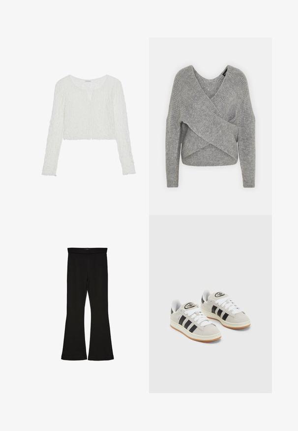 Harmaa neulejakku, jossa on syvä V-kaula-aukko, pitkät hihat ja ribboitu pinta. Valmistettu pehmeästä neuloksesta, jossa on kerroksellinen ja epäsymmetrinen muotoilu.; Even&Odd LAYA  - Pitkähihainen paita - off white; Mustat leveät legginsit, jotka on valmistettu joustavasta kankaasta. Niissä on leveä vyötärö ja sileä pinta, sekä vartalonmyötäinen leikkaus, joka levenee helmassa.; Harmaat mokkasiinikenkä, joissa on valkoiset nauhat, mustat raidat ja valkoinen kumipohja. Kantajassa on pyöreä logo ja vaaleanruskea pohja.