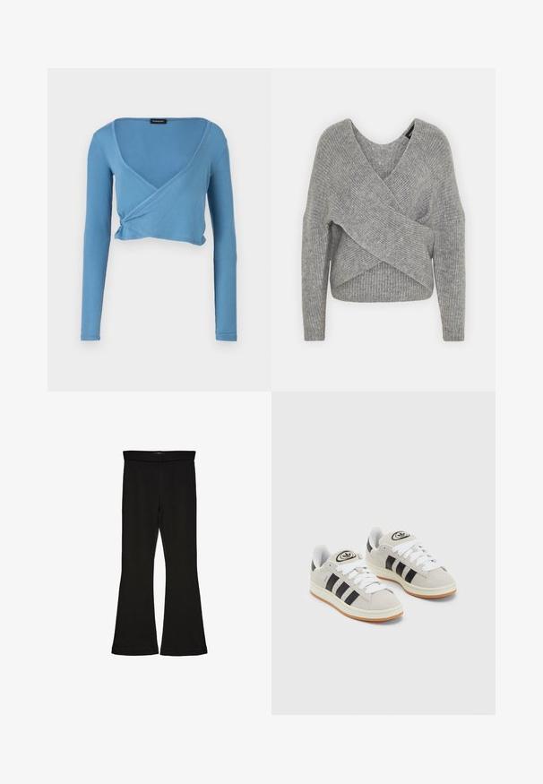 Gray wrap sweater with a deep V-neck, long sleeves, and ribbed texture. Made from a soft knit material with a layered, asymmetrical design.; Light blue cropped long-sleeve top with a v-neck and wrap design, made of ribbed fabric. Features a gathered detail at the waist.; Black flare leggings made from stretchy fabric. Features a wide waistband and a smooth texture, with a fitted silhouette that flares at the hem.; Gray suede sneakers with white laces, black stripes, and a white rubber sole. Features a circular logo on the tongue and a gum sole.