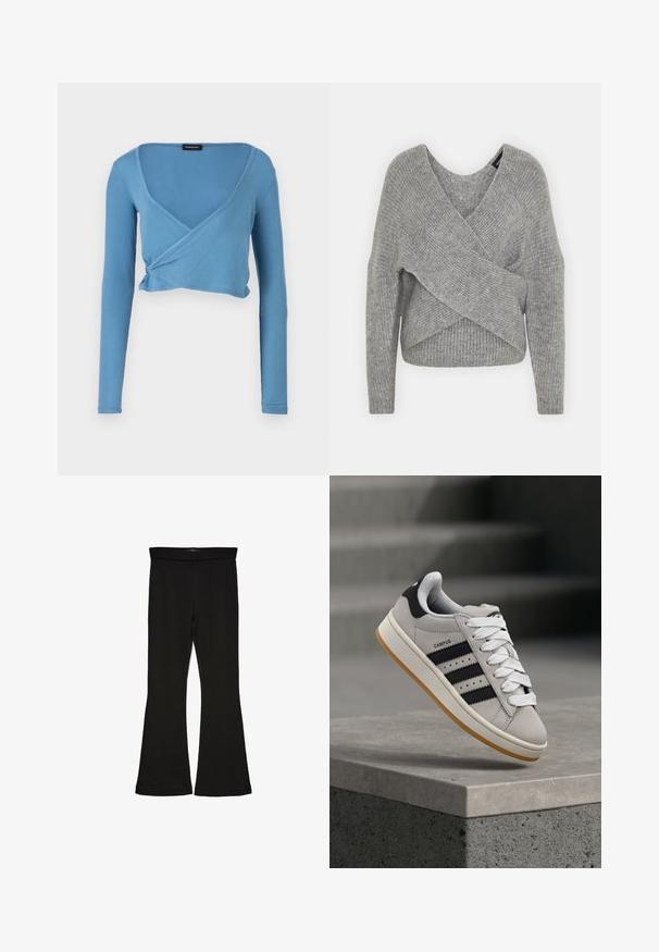 Gray wrap sweater with a deep V-neck, long sleeves, and ribbed texture. Made from a soft knit material with a layered, asymmetrical design.; Light blue cropped long-sleeve top with a v-neck and wrap design, made of ribbed fabric. Features a gathered detail at the waist.; Black flare leggings made from stretchy fabric. Features a wide waistband and a smooth texture, with a fitted silhouette that flares at the hem.; Gray Adidas Campus sneaker with black stripes and white laces floating above a concrete ledge with stairs in the background.