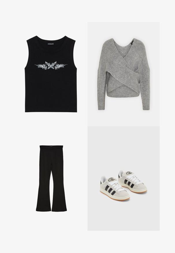 Grå omslagssweater med dyp V-hals, lange ermer og ribbestruktur. Laget av et mykt strikket materiale med et lagdelt, asymmetrisk design.; Svart ermeløs topp laget av bomull; har metallisk sølv sommerfugl og tribal mønsterdesign over brystet. Rund hals.; Sorte flared leggings laget av stretchy stoff. Har en bred midjebånd og en glatt tekstur, med en tettsittende silhuett som blir videre nedover.; Grå semsket sneakers med hvite lisser, svarte striper og en hvit gummisåle. Har en sirkulær logo på tungen og en gummisåle.