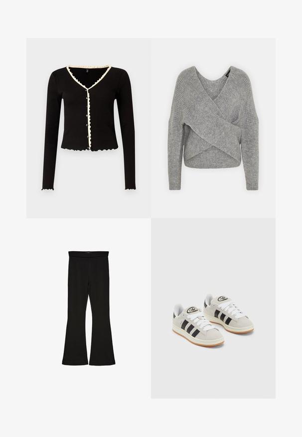 Pull en gris avec un col en V profond, des manches longues et une texture côtelée. Fabriqué en matériau tricoté doux avec un design asymétrique superposé.; Cardigan noir à côtes avec des manches longues, des bords festonnés et une bordure crème le long du col et de la patte de boutonnage. Comprend des boutons sur le devant.; Leggings évasés noirs en tissu extensible. Présentent une taille large et une texture lisse, avec une coupe ajustée qui s'évasent au bas.; Baskets en suède gris avec des lacets blancs, des rayures noires et une semelle en caoutchouc blanc. Présentent un logo circulaire sur la languette et une semelle en gomme.