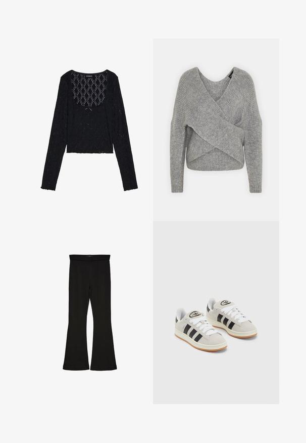 Sivý cardigan s hlbokým V- výstrihom, dlhými rukávmi a rebrovanou textúrou. Vyrobený z mäkkého pleteného materiálu s viacvrstvovým, asymetrickým dizajnom.; Čierny krátky top s dlhým rukávom vyrobený z textúrovanej čipky s diamantovým vzorom a okrúhlym výstrihom. Má volánové okraje.; Čierne legíny s flared strihom vyrobené z elastického materiálu. Majú široký pás a hladkú textúru, s priliehavým siluetom, ktorý sa na okraji rozširuje.; Sivé semišové tenisky s bielymi šnúrkami, čiernymi pruhmi a bielou gumovou podrážkou. Obsahujú okrúhly logo na jazyku a gumenú podrážku.