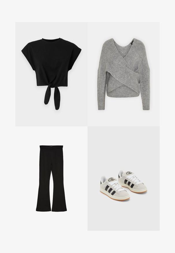 Suéter cinza envolvente com um decote em V profundo, mangas longas e textura canelada. Feito de um material de malha suave com um design assimétrico em camadas.; Camiseta preta cropped feita de algodão macio, com mangas curtas e detalhe de nó na barra. Textura simples e suave.; Leggings pretos em flare feitos de um tecido elástico. Apresentam uma cintura larga e uma textura suave, com um silhueta ajustada que se alarga na bainha.; Tênis de camurça cinza com atacadores brancos, riscas pretas e uma sola de borracha branca. Apresenta um logótipo circular na língua e uma sola de borracha.