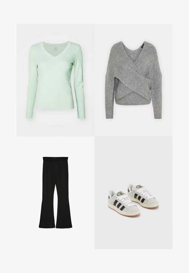 Szürke, mély V kivágású, hosszú ujjú kötött pulóver, bordás textúrával. Puha kötött anyagból készült, réteges, aszimmetrikus dizájnnal.; Világoszöld, hosszú ujjú, V-nyakú felső, puha anyagból készült, karcsú fazonú, bal mellen egy apró logóval.; Fekete trapéz leggings rugalmas anyagból készült. Széles derékpánttal és sima textúrával rendelkezik, illeszkedő sziluettje van, amely a szegélyen kigyullad.; Szürke velúr sportcipők fehér fűzővel, fekete csíkokkal és fehér gumitalppal. A nyelvén kör alakú logó található, illetve a talpa színes gumi.