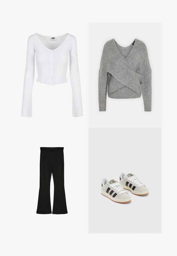Grå omslagssweater med dyp V-hals, lange ermer og ribbestruktur. Laget av et mykt strikket materiale med et lagdelt, asymmetrisk design.; Hvit ribbet langermet croppetopp med dyp V-hals, knapppdetaljer foran og bølgekant. Laget av myk, elastisk stoff.; Sorte flared leggings laget av stretchy stoff. Har en bred midjebånd og en glatt tekstur, med en tettsittende silhuett som blir videre nedover.; Grå semsket sneakers med hvite lisser, svarte striper og en hvit gummisåle. Har en sirkulær logo på tungen og en gummisåle.