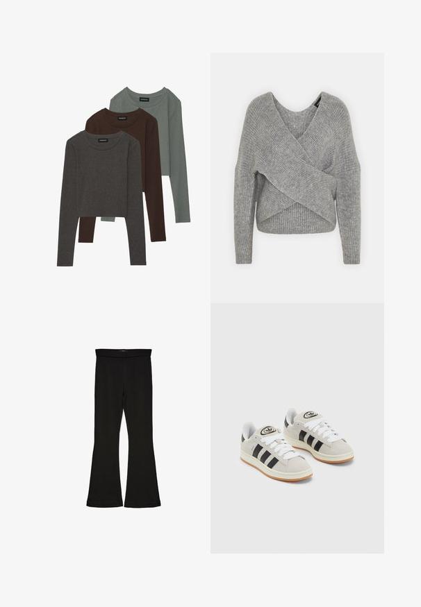 Maglione avvolgente grigio con scollatura a V profonda, maniche lunghe e texture a coste. Realizzato in un morbido materiale in maglia con un design asimmetrico a strati.; Even&Odd 3 PACK - Maglietta a manica lunga - brown/dark grey /dark green; Leggings a zampa nera realizzati in un tessuto elasticizzato. Presentano una vita alta e una superficie liscia, con una silhouette aderente che si ampia all'orlo.; Sneakers in suede grigio con lacci bianchi, strisce nere e suola in gomma bianca. Presentano un logo circolare sulla linguetta e una suola in gomma.