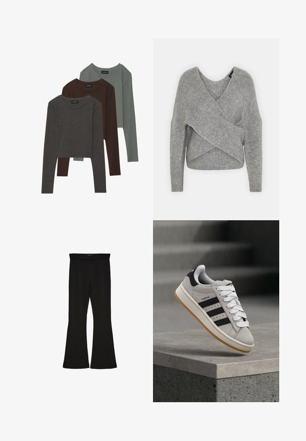 Suéter gris envolvente con un profundo escote en V, mangas largas y textura acanalada. Fabricado con un material de punto suave y un diseño asimétrico en capas.; Even&Odd 3 PACK - Camiseta de manga larga - brown/dark grey /dark green; Leggings negros de campana hechos de una tela elástica. Con una cinturilla ancha y una textura suave, presentan una silueta ajustada que se ensancha en el dobladillo.; adidas Originals CAMPUS 00S W - Zapatillas - crystal white/core black/off white
