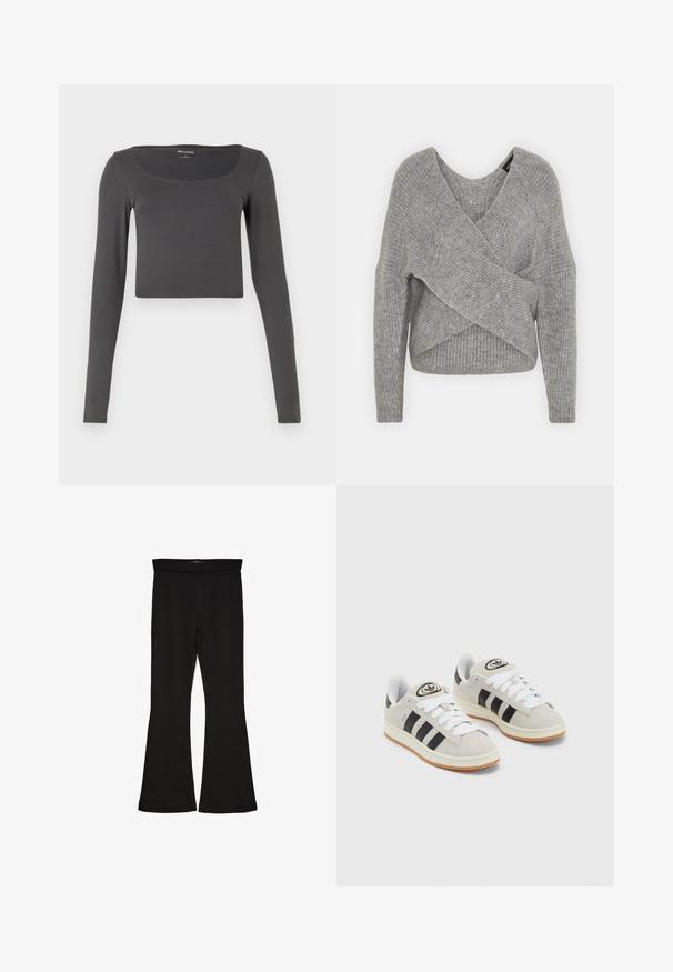 Hallide hallhargus, sügava V-kaelusega, pikkade varrukatega ja ribatrepiga. Valmistatud pehmest kudumismetallist, millel on kihiline, asümmeetriline disain.; Pikendusega, lühikese varrukaga tumehall topp, valmistatud pehmest kangast. Omab avarat kaelust ja liibuvat disaini, ilma nähtavate mustrite või aktsentideta.; Mustad mustad sääred, mis on valmistatud venivast kangast. Omab laia vööd ja siledat tekstuuri, sobituv siluett, mis laieneb allservas.; Hallid hallid nahkrennid valgete paeltega, mustade triipudega ja valge kummitaldiga. Omab ümmargust logo keeles ja kummitalda.