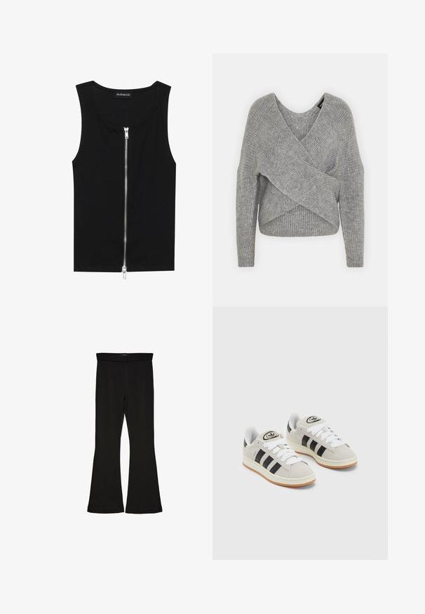 Grå omslagssweater med dyp V-hals, lange ermer og ribbestruktur. Laget av et mykt strikket materiale med et lagdelt, asymmetrisk design.; Svart ermeløs topp laget av ribbet stoff, med glidelås foran, rund halslinje og rett hem. Enkel design uten mønstre.; Sorte flared leggings laget av stretchy stoff. Har en bred midjebånd og en glatt tekstur, med en tettsittende silhuett som blir videre nedover.; Grå semsket sneakers med hvite lisser, svarte striper og en hvit gummisåle. Har en sirkulær logo på tungen og en gummisåle.