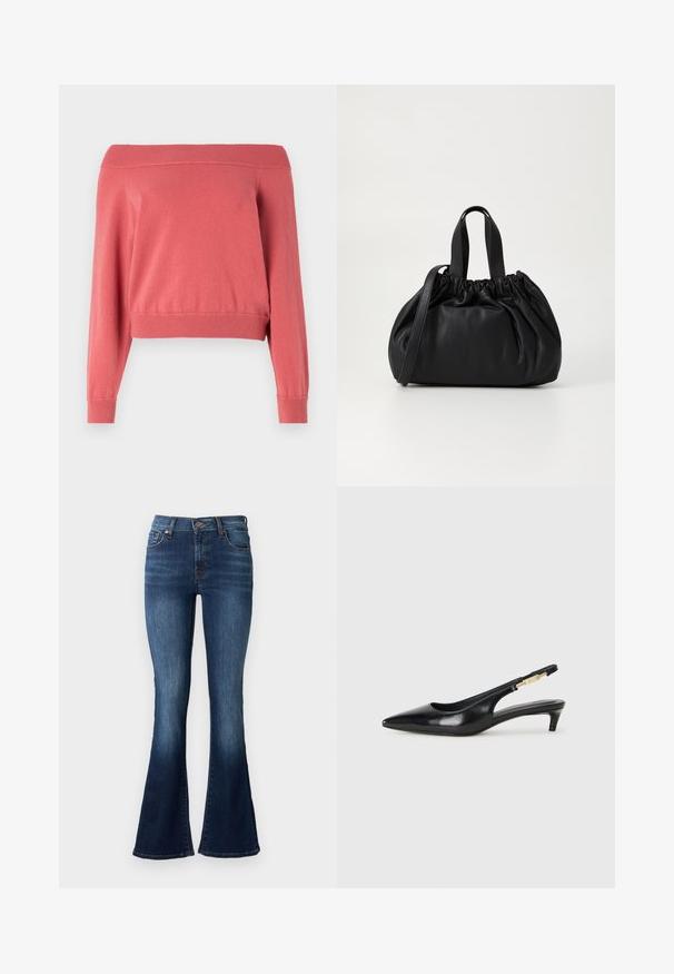 Koral off-the-shoulder genser med lange ermer, ribbestrikket hals og ermer, samt en tettsittende midje. Myk, strukturert stoff.; Blå, utsvungne jeans laget av denim. Har høy midje, fem lommer og subtil falming nær kanten. Sømmer i en kontrastfarge.; Sorte lærreim hæler med spiss tå, som har en slank hæl og en gullfarget detalj på den justerbare stroppen. Glatt tekstur.; Svart lærveske med en samlet toppdesign, som har to korte håndtak og en lang justerbar stropp. Glatt tekstur, rund form.
