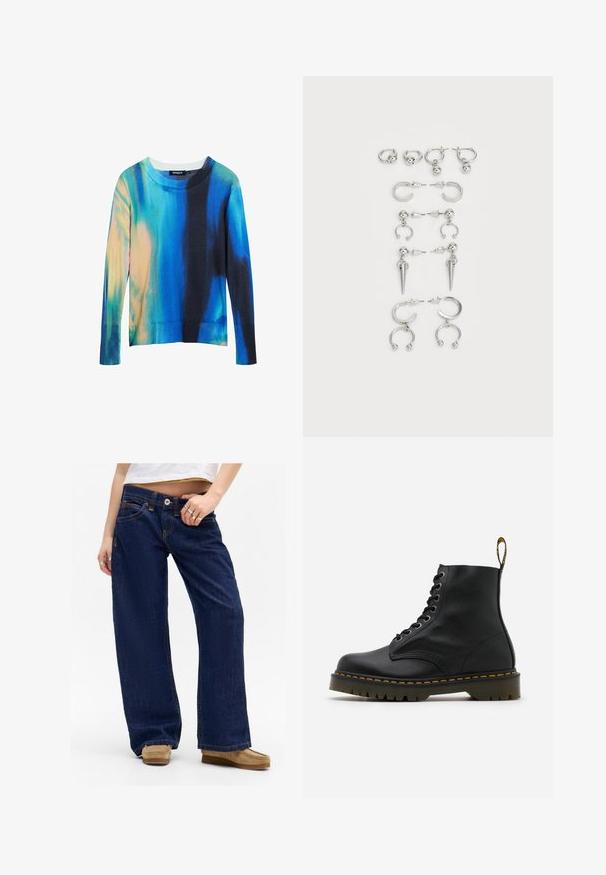 Tamsiai mėlynas, mėlynas ir oranžinis atspalvių mišinio ilgos rankovės megztinis su apvalia iškirpte, išilginiu kirpimu ir minkšta tekstūra.; Plati šviesiai mėlyni džinsai su kontrastinga geltona siūle, penkios kišenės ir sagčių uždarymas. Audinys turi lygų tekstūrą.; Juodos odinės kulkšninių botų su apvalia nosimi, raištelių užsegimu, geltona siūlelio aplink padu ir kilpa ant kulno. Tekstūruota guminė padas.; Sidabro auskarų rinkinys, kuriame yra įvairių dizainų: žiedai, studai ir kabančios stiliai, su rutuliukų akcentais ir smailiais elementais.