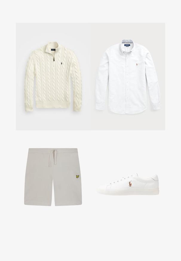 Pull à col zippé moitié en tricot torsadé couleur crème avec un ourlet à côtes. Il présente un petit emblème sur la poitrine gauche. Matière en mélange de coton.; Chemise blanche à manches longues, boutonnée, en coton. Elle se distingue par un col évasé, une fermeture à boutons et un petit logo brodé sur la poitrine.; Shorts en coton gris clair avec une taille élastique et un cordon de serrage. Présente un petit logo jaune sur le côté gauche. Texture lisse.; Baskets en cuir blanc, design bas, avec une texture lisse, bout rond, lacets à l'avant et un petit logo brodé sur le côté.