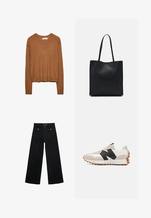 Maglione lungo marrone a maniche lunghe con scollo rotondo e polsini e orlo a costine, etichettato Stradivarius.; Jeans neri a gamba larga con vita alta, dotati di due tasche frontali e dettagli in metallo sui bottoni. Il tessuto ha una texture liscia.; Scarpe da corsa con tomaia in suede e pelle bianca e beige, caratterizzate da un grande logo nero, suola in gomma e dettagli testurizzati.; Borsa tote in pelle nera con texture liscia, forma rettangolare e due manici lunghi. Nessun hardware o decorazione visibile.