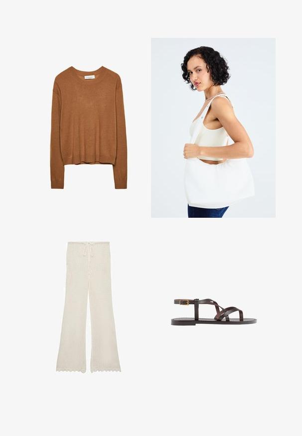 Pull en tricot marron à manches longues, avec un col rond et des poignets et ourlet côtelés, étiqueté Stradivarius.; Pantalons tricotés crémeux avec une taille à cordon, design à jambes évasées et détails à ourlet festonné, fabriqués à partir d'un tissu léger et respirant.; Sandale en cuir marron avec des brides entrecroisées, une fermeture à boucle à la cheville et une semelle plate avec des détails de couture minimaux.; Sac à épaule blanc en matériau lisse, doté d'une découpe ovale et d'une large sangle. Simple et moderne, sans quincaillerie visible.