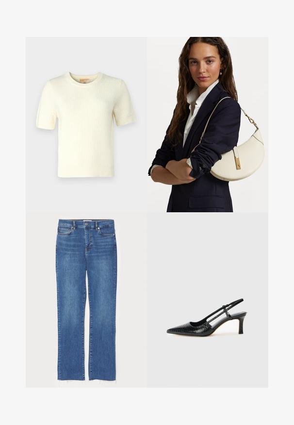 Pulover tricotat crem, cu mâneci scurte și textură ribbed, decolteu rotund și croială ușor scurtă, având un design curat și minimalist.; Jeans din denim albastru cu croiul drept, având o închidere cu buton și fermoar, cinci buzunare și margini desfăcute în partea de jos.; Pantofi cu toc slingback negri din patent, cu vârf ascuțit, cu imprimeu de șarpe texturat, curea ajustabilă și toc scurt texturat.; Geantă din piele albă cu o formă curbată, dotată cu accente aurii și o finisare texturată, purtată peste un sacou închis la culoare și o cămașă albă.