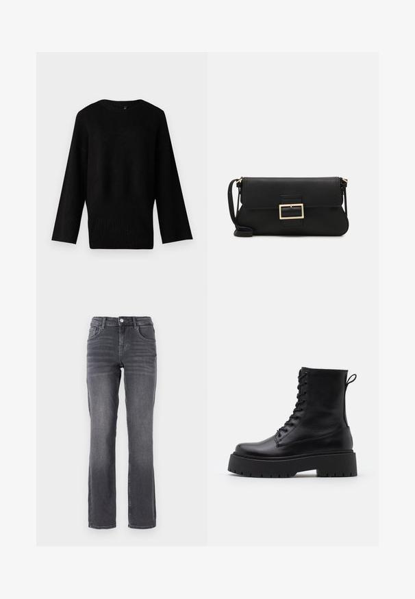 Čierny pletený sveter s širokým, okrúhlym výstrihom, dlhými rukávmi a rebrovaným lemom. Textúra vyzerá mäkká a trochu elastická.; ONLY ONLLOPEZ - Džínsy s rovným strihom - grey denim; Čierne kožené členkové topánky s okrúhlou špičkou, šnurovaním vpredu a hrubou gumovou podrážkou s textúrovaným vzorom. Sťahovací pútko na zadnej strane.; Čierna kožená clutch taška s klopou a zlatým kovovým detailom s prackou. Obsahuje čierny remienok a elegantný, minimalistický dizajn.; Zlaté kruhové náušnice, tenké a okrúhleho tvaru, s hladkým kovovým povrchom a bez ozdôb alebo vzorov.