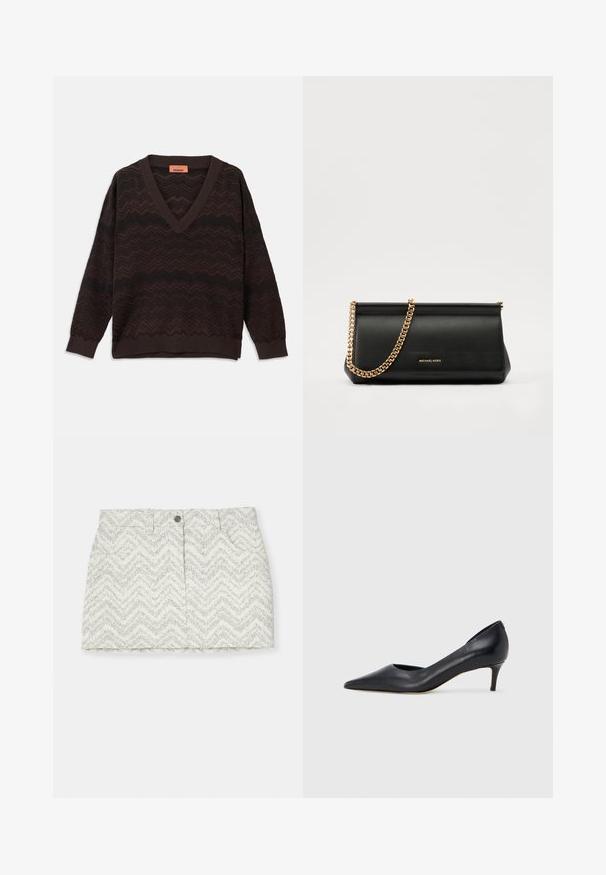 Dark brown V-neck sweater with black zigzag knit pattern and ribbed cuffs and hem, laid flat on a white background.; White skirt with a chevron pattern in grey, featuring a button closure, two side pockets, and a straight cut. Made of textured fabric.; Black leather pump with a pointed toe and low heel. Features a smooth texture and subtle sheen. Open cut at the front for added detail.; Black leather clutch bag with a gold chain strap, featuring a smooth texture, rectangular shape, and embossed branding on the front.