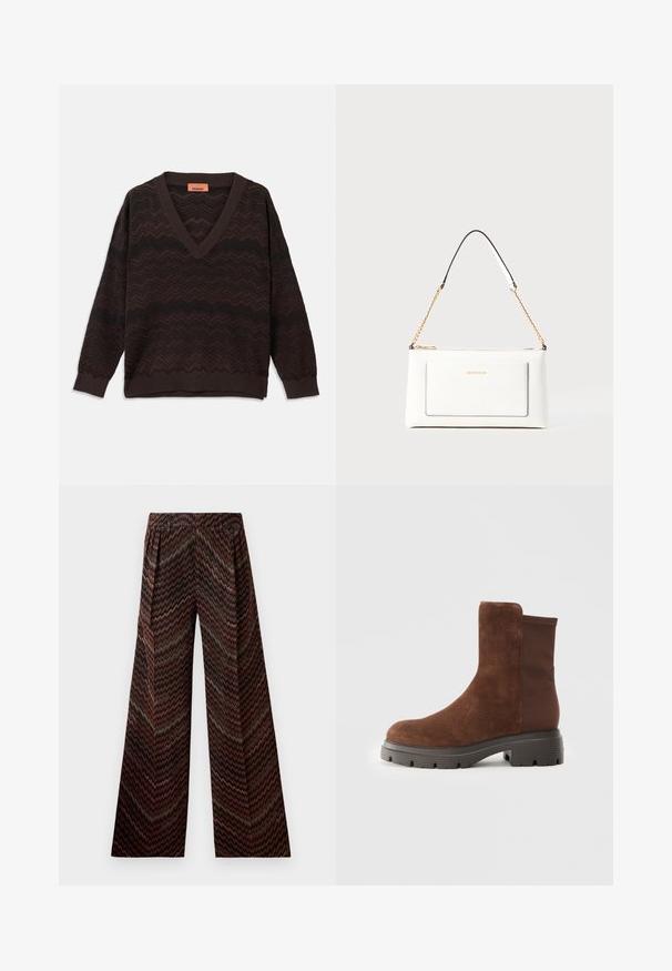 Tamno smeđi pulover s V-izrezom i crnim cik-cak uzorkom, s rebrastim manžetama i donjim rubom, položen ravno na bijeloj pozadini.; Hlače širokog kroja s visokim strukom i cik-cak uzorkom u nijansama smeđe, crne, ružičaste i zelene na bijeloj pozadini.; Smeđi antilop čizme do gležnja s elastičnim bočnim panelima, okruglim vrhom i debelim gumenim đonom s teksturiranim uzorkom.; Bijela kožna torba s teksturiranim završetkom, koja ima zlatni lančić i crne akcentne detalje. Uključuje prednji džep i zatvaranje na patentni zatvarač.